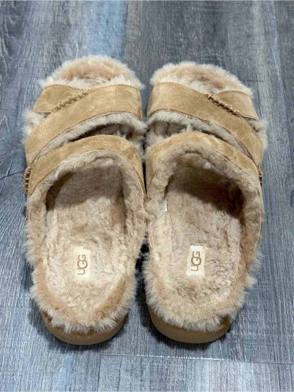 UGG Greenport Cross Strap Slides - Chestnut Suede & Sheepskin (Women's Size 9